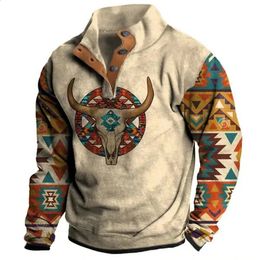 Mens Hoodie Autumn Long Sleeve Sweatshirt Vintage Aztec Cow Skull Print Oversized Y2K Clothing Button Fashion Hoodies for Men 240301