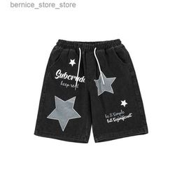 Men's Shorts Summer Mens Pants Y2K Vintage Letter Star Denim Shorts Couple Summer Loose Straight Beach Party 100 Casual Street Pants Q240305