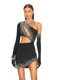 Dress Black Sexy Women's One Shoulder Long Sleeve Hollow Out Beaded Glove Bandage Mini Dress Bodycon Celebrity Party Evening Dress