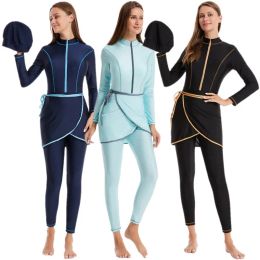 Swimwear 3 Piece Swimming Sets Fashion Front Zipper Beach Sports Wear Muslim Women's Full Cover Swimwear Islamic Modest Swimsuit Burkini