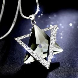 Fashion Triangle Sweater Chain 14K White Gold Necklace Zircon Crystal Six-pointed Star Pendant Necklace for Women Jewelry Collares Para Mujer