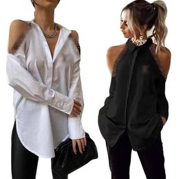 Brand new women's fashion off shoulder sexy for lady turn down collar lapel long sleeves printed loose fit jacket blouse shirts