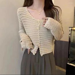 Women's Knits Hollow Out Sunscreen Knit Tops Women 2024 Casual Basic Long Sleeve Cardigans Female Fashion O-Neck Short Smock Sweater