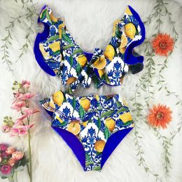 Swimwear Blue Ruffle Edge Lemon Bikini Swimsuit 2023 Fashion Summer High Waist Hollow Beachwear Backless Sexy Luxury Bathing Suit