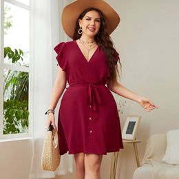 Stylish Plus Size Women Short Dress Sexy V Neck Ruffle Sleeve Button Front Casual Mini for Beach Holiday Summer 240301