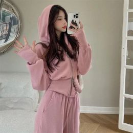 Suits New Women Two Piece Set Solid Colour Hooded Zipper Short Cardigan and Sweatpants Korean Style Fashion Casual Female Tracksuit 2XL