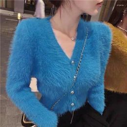 Women's Knits Knitted Cropped Cardigan Woman Fluffy Korean Fashion Faux Mink Cashmere Sweater Female Solid V Neck Long Sleeve Sweet Coat