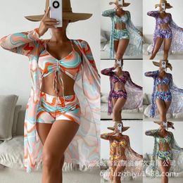 2023 Summer shorts Bikini 3 Pieces Set Swimwear Sexy Floral Print Brazilian Swimsuit For Women Bathing Suit Female Cover Up 240301