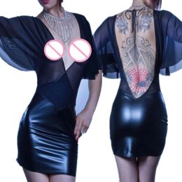 Dress Women Sexy Faux Leather Latex Dress Erotic Deep VNeck Backless See Through Black Transparent Mesh Dress Fetish Clubwear Dress