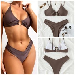 Women's Swimwear 2024 European And American Sexy Solid Colour Split Bikini Swimsuit Factory Wholesale