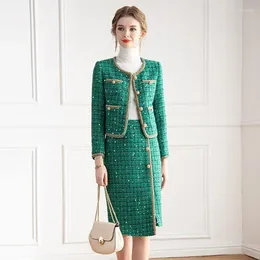 Work Dresses Temperament Celebrity Coarse Tweed Jacket Skirt Two-piece Set Women Fashion Round Neck Sequin Bright Line Plaid Slim Chic Suit