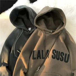 Harajuku Hong Kong Style Spring Autumn Mens Hoodies Chic Academy Plush Hooded Unisex Loose Women Sweatshiirt Coat 240301