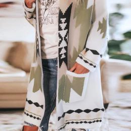 Blends Vintage Boho Print Long Jackets Coat For Woman MutiColor Floral Gradient Retro Print Long Sleeve ONeck Jackets Plus Size SXL