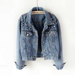 Women's Jackets Boyfriend jeans jacket pearls Denim Jackets Long Coat Ladies Single jacket 240305