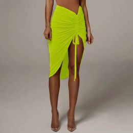 skirt Neon Green Ruched High Waist Lace Up Mini Skirts Drawstring Hip Sexy Tight Slit Snake Leopard Skirt Club Wrinkled Skirts G1860B