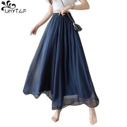 Capris UHYTGF Summer Women's Pants Chiffon Wide Leg Nine Point Trouser Skirt Elastic Waist Culottes Thin New Ladies Nine Point Pants21