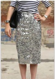 Dresses Bling Sequin Pencil Skirt 2017 Fashion Midi Skirt for Women Sier Old Green Sequin Skirt High End Saia Custom Made