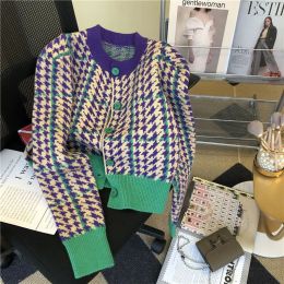 Cardigans European Goods Coloured Thousand Birds Knit Cardigan Women 2023 Autumn And Winter New Round Neck Fashion Retro Short Sweater Tops