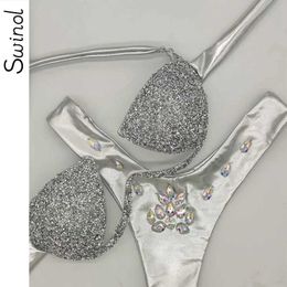 Women's Swimwear Swinol Rhinestone Bikini Set New Bling Stones Swimwear High Quality Swimwear Luxury Bathroom Set Sexy Womens Push Up Beach Suit J240305