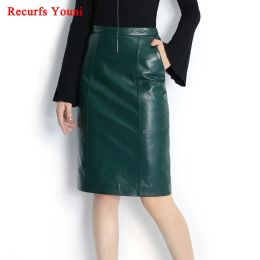 Dresses Rys8345 Winter New Ol Genuine Leather Midi Long Wrap Skirt Ladies Elegant Simple Dark Green/black/pink/blue Sexy Jupe Mujer Saia