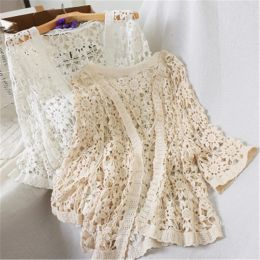 Cardigans Sexy Hollow Out Crochet Lace Kimono Cardigan Women Vneck Open Stitch Casual Elegant Blouse Spring Summer Beach Cardigans Mujer