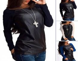 Womens Sexy Shirts Scoop Neck Jumper Tops Leather Casual Baseball Tee Blouse Outwear Spring4517740