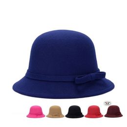 Stingy Brim Hats Women Ladies Winter Vintage Elegant Fedoras Wool Bow-knot Felt Hat Cloche Bucket Caps232q