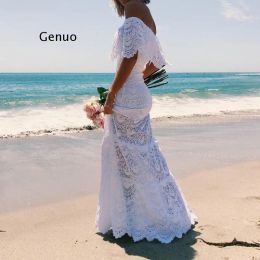 Dress White Lace Sexy Maxi Dress 2021 Summer Bohemian Off Shoulder Hollow Out Dresses Solid Ruffle Beach Holiday Party Female Vestiods