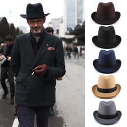 Wide Brim Hats Men Women Wool Felt Classical Homburg Bowtie Band Fedora Caps Trilby Sunhat Jazz Winter Warm Adjustable Size M-L225G