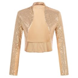 Jackets Belle Poque Women's Sequin Jacket Long Sleeve Open Front Glitter Cropped Blazer Bolero Shrug Vintage Sequined Ruffled Hem Party