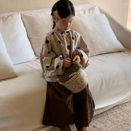 Clothing Sets Children's Autumn Set Girl's Round Neck Doll Shirt Casual Vertical Stripe Wide Leg Pants Two Piece 2024