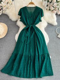 Dress Summer Women Lace Patchwork Polka Dot Chiffon Dress Vintage VNeck Flying Sleeve High Waist ALine Pink/Green/Blue Long Robe New