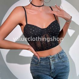 Fashionable and sexy nightclub style sequin fish bone steel ring gathering perspective exposed navel spicy girl slim fit vest