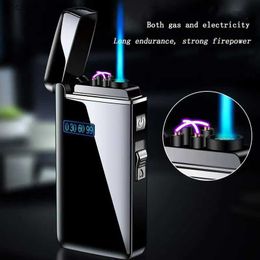 Lighters Metal Outdoor Windproof Double Arc Plasma USB Light Blue Flame Turbo Flashlight Butane Gas Cigar Light Battery Display Mens Widget Q240305