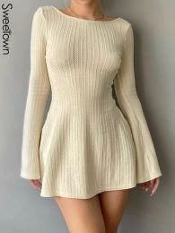 Dress Sweetown Solid Knit Jacquard Mini Elegant Dresses For Women Vintage Aesthetic Backless Sexy Slim A Line Casual Autumn Y2K Dress