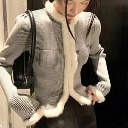 Jackets Grey Hairy Patchwork Cardigan Women Korean Chic Slim Fit Pockets Short Jacket Ladies Autumn Winter Wild Long Sleeve Coat