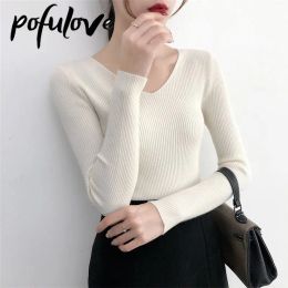 Pullovers Vneck Slim Sweater Women Sexy Thread Long Sleeve Knitwear Korean Basic Top Autumn Solid Color Pullover Cheap and