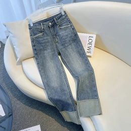 Jeans NEW Spring Autumn Blue Black Straight Jeans Large Size Loose Fit Stretch Denim Pants Casual Ladies AnkleLength Smoke Pipe Pants