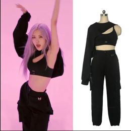 T-Shirts 3Pcs Set Tshirt+Bar+Pants Kpop Outfit Black Street Wear Dancer Outfit Stage Costume Korean Girl Group HipHop Women Clothes