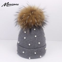 Wool Beanies Women Real Natural Fox Fur Pom Poms Fashion Pearl Knitted Hat Girls Female Beanie Cap Pompom Winter Hats for Women Y2287r
