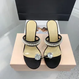 Sıradan Tasarımcı Moda Kadın Saten Yay İncileri Kristal Strappy High Topuklu Rhinestone Sandalet Parti Ayakkabıları Muler Slipper Sandalias de Las Mujeres 10cm