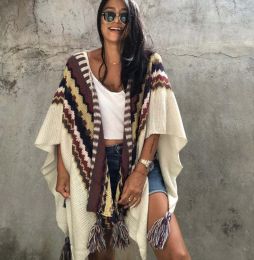 Cardigans AYUALIN Vintage Oversize Autumn Capes 2022 Ethnic Plaid Loose Cardigan Tassel Sweaters Boho Knitted Scarf Cardigan for Women