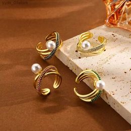 Band Rings 6Pcs Tren Round Pearl Classic Rings For Women Colorful Zircon Brass Gold Color Crystal Ring Femme Wedding Party Jewelry Gift L240305
