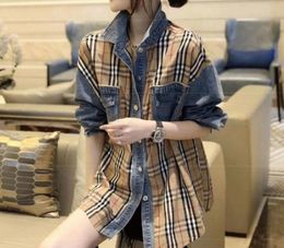 Brand new women's fashion denim split joint plaid shirt blouse for lady turn down collar lapel long sleeves long jean jacket shirts
