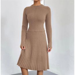 Work Dresses Solid Knitted Pleated Skirt Sets Women Two Piece Outfits Long Sleeve Slim Fit Crop Top With A-line Skirts Matching Suit