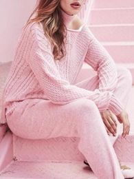 Women's Two Piece Pants 10% Cashmere 50% Wool Pink High-quality Knitted Sweater Set Women Ladies Autumn Winter High Waisted Long Two-piece