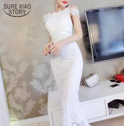 Casual Dresses 2021 Summer White Red Black Maxi Dress For Women Vestidos Sexy Collar Lace Slim Tail Handmade Beaded High Waist 9409135816