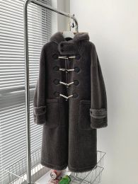 Fur OFTBUY 2022 Real Fur Coat Winter Jacket Women Natural Weave Wool Fur Horn Button Thick Warm Hooded Long Outerwear Streetwear New
