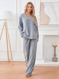 Women's Sleepwear Women S 2pcs Pyjamas Set Solid Colour V-Neck Loose Long Sleeve Pullover Shirt Casual Elastic High Pants