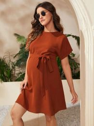 Dresses 2023 Summer Pregnant Women O Neck Short Sleeve Flap Patched Dress For Premama Clothes Maternity Solid Colour Bandage Dresses New